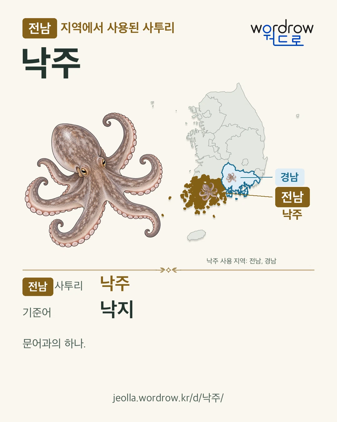 전남 지역에서 사용된 사투리 ‘낙주’. 기준어: 낙지. 기록 지역을 표시한 카툰 삽화와 지도 카드.