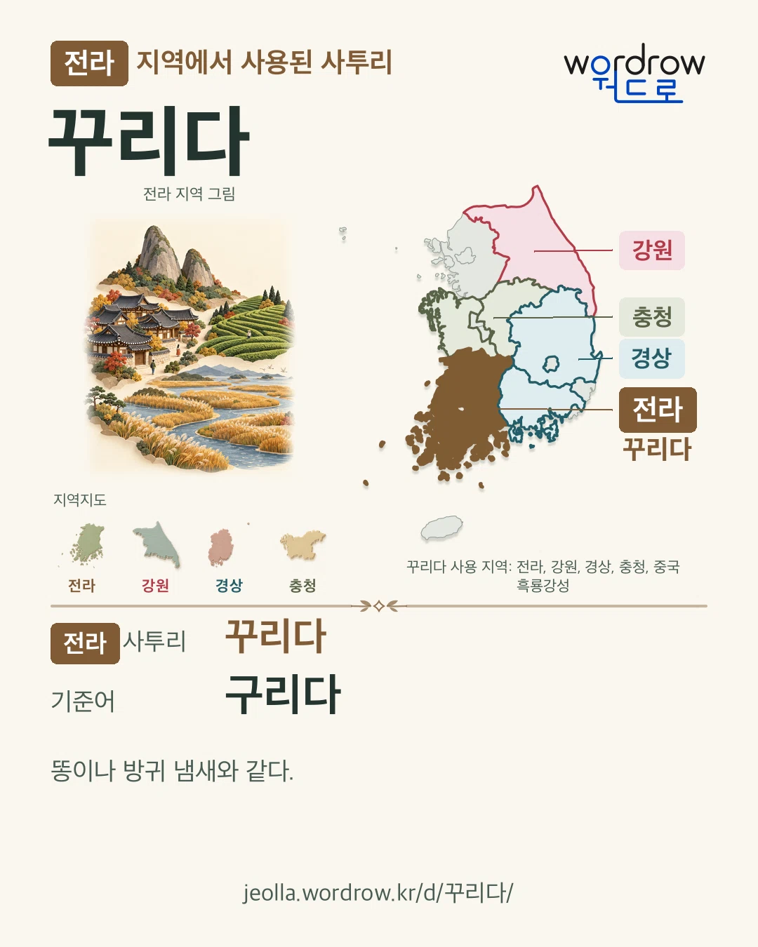 전라 지역에서 사용된 사투리 ‘꾸리다’. 기준어: 구리다. 기록 지역을 표시한 지역 그림과 지도 카드.