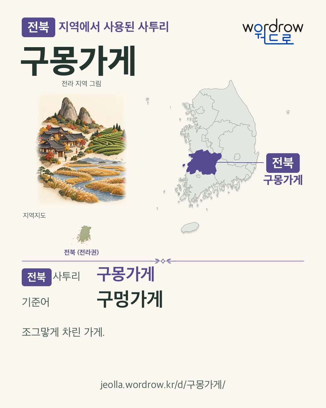 전북 지역에서 사용된 사투리 ‘구몽가게’. 기준어: 구멍가게. 기록 지역을 표시한 지역 그림과 지도 카드.