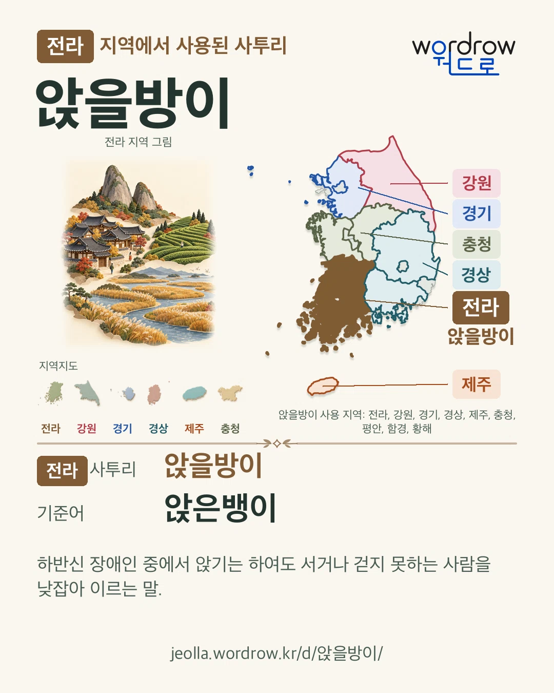 전라 지역에서 사용된 사투리 ‘앉을방이’. 기준어: 앉은뱅이. 기록 지역을 표시한 지역 그림과 지도 카드.
