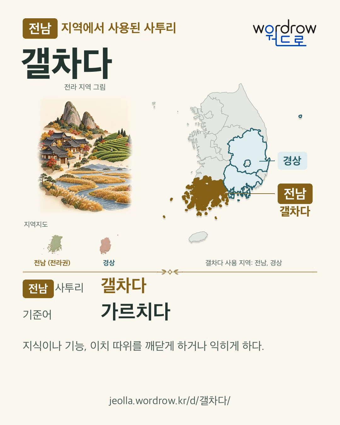 전남 지역에서 사용된 사투리 ‘갤차다’. 기준어: 가르치다. 기록 지역을 표시한 지역 그림과 지도 카드.