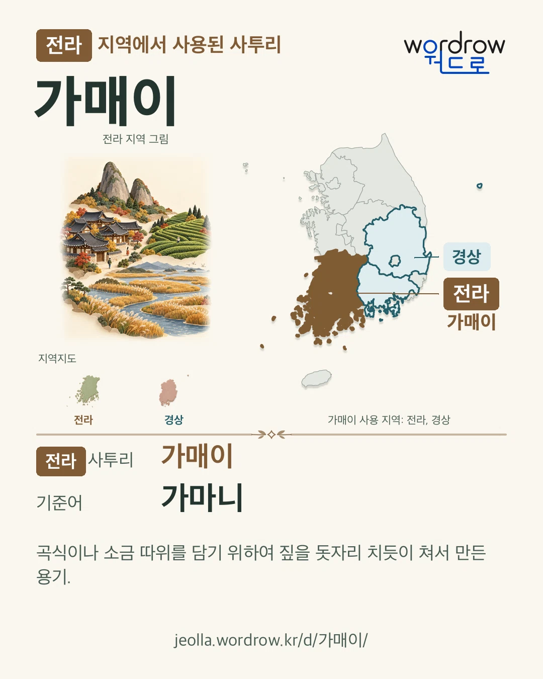 전라 지역에서 사용된 사투리 ‘가매이’. 기준어: 가마니. 기록 지역을 표시한 지역 그림과 지도 카드.
