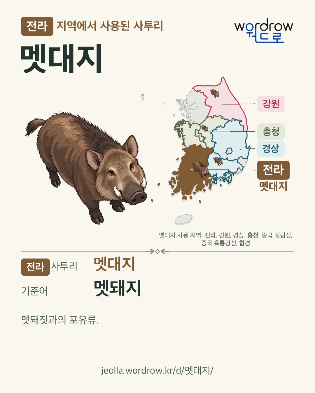 전라 지역에서 사용된 사투리 ‘멧대지’. 기준어: 멧돼지. 기록 지역을 표시한 카툰 삽화와 지도 카드.