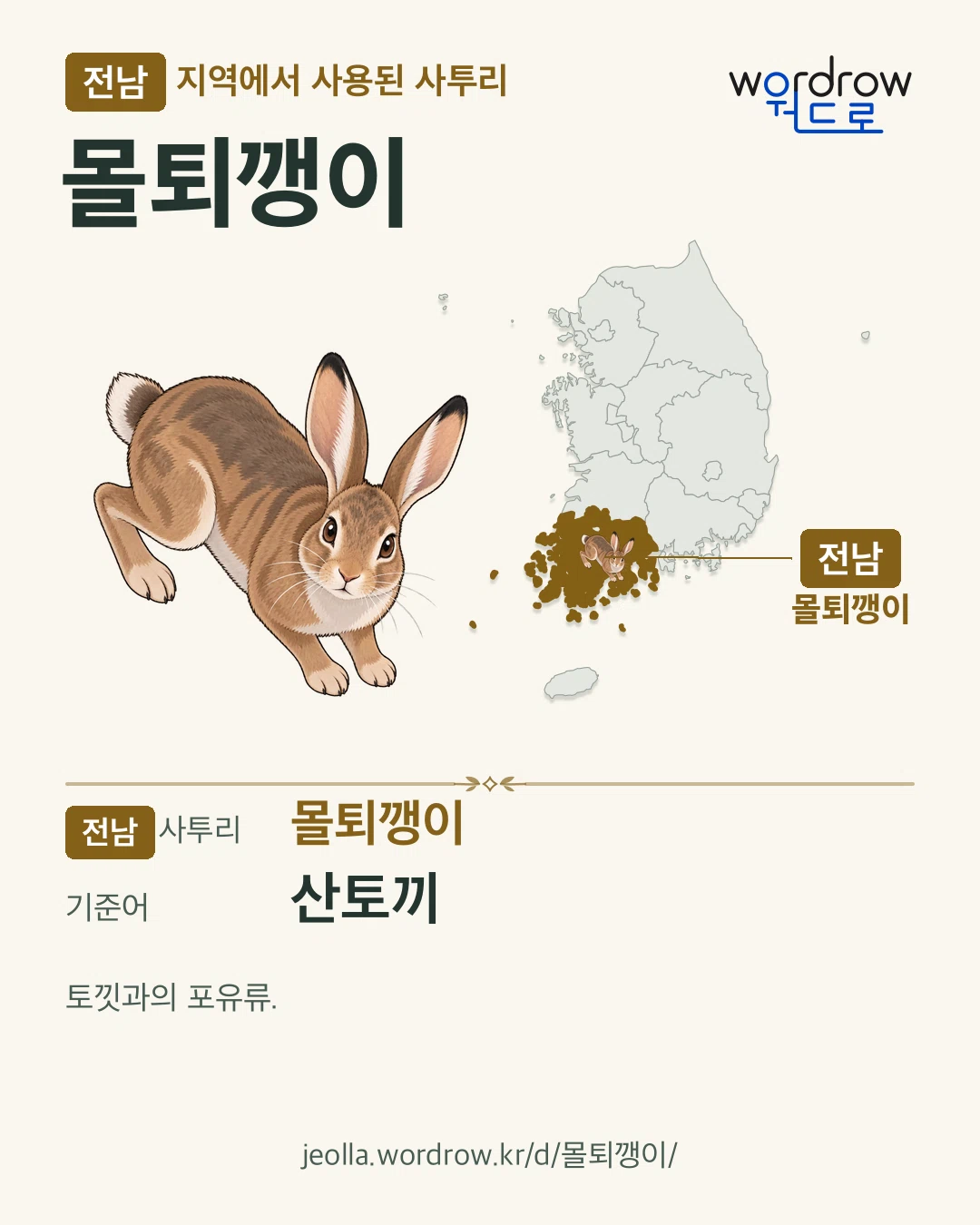 전남 지역에서 사용된 사투리 ‘몰퇴깽이’. 기준어: 산토끼. 기록 지역을 표시한 카툰 삽화와 지도 카드.