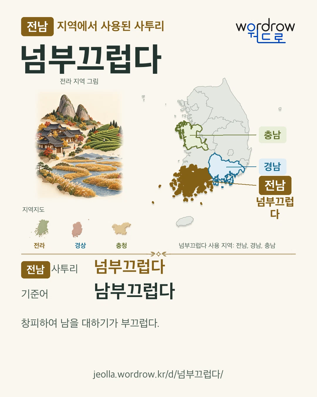 전남 지역에서 사용된 사투리 ‘넘부끄럽다’. 기준어: 남부끄럽다. 기록 지역을 표시한 지역 그림과 지도 카드.