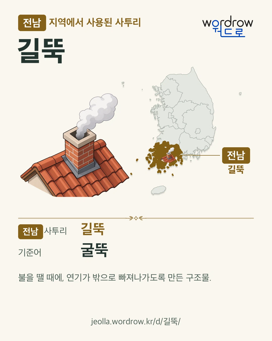 전남 지역에서 사용된 사투리 ‘길뚝’. 기준어: 굴뚝. 기록 지역을 표시한 카툰 삽화와 지도 카드.