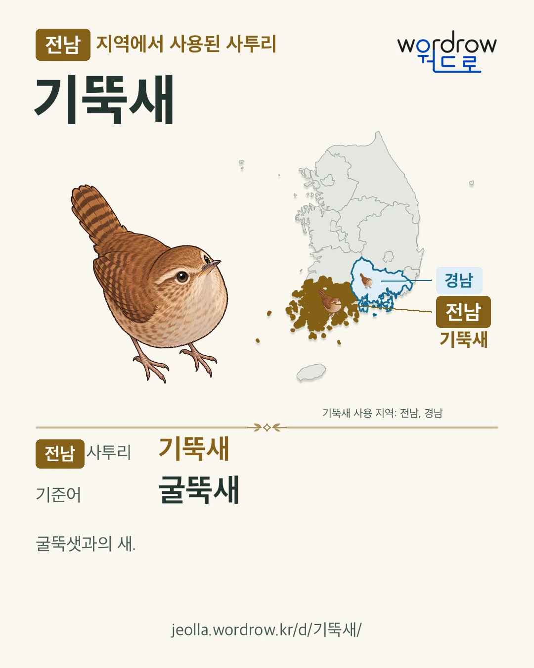 전남 지역에서 사용된 사투리 ‘기뚝새’. 기준어: 굴뚝새. 기록 지역을 표시한 카툰 삽화와 지도 카드.