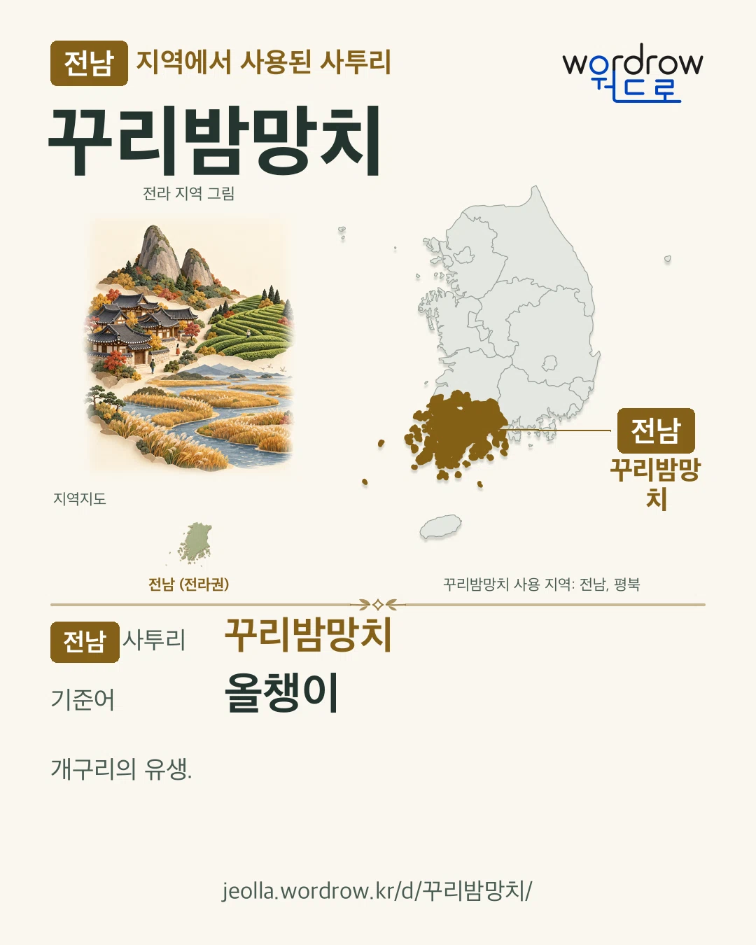 전남 지역에서 사용된 사투리 ‘꾸리밤망치’. 기준어: 올챙이. 기록 지역을 표시한 지역 그림과 지도 카드.