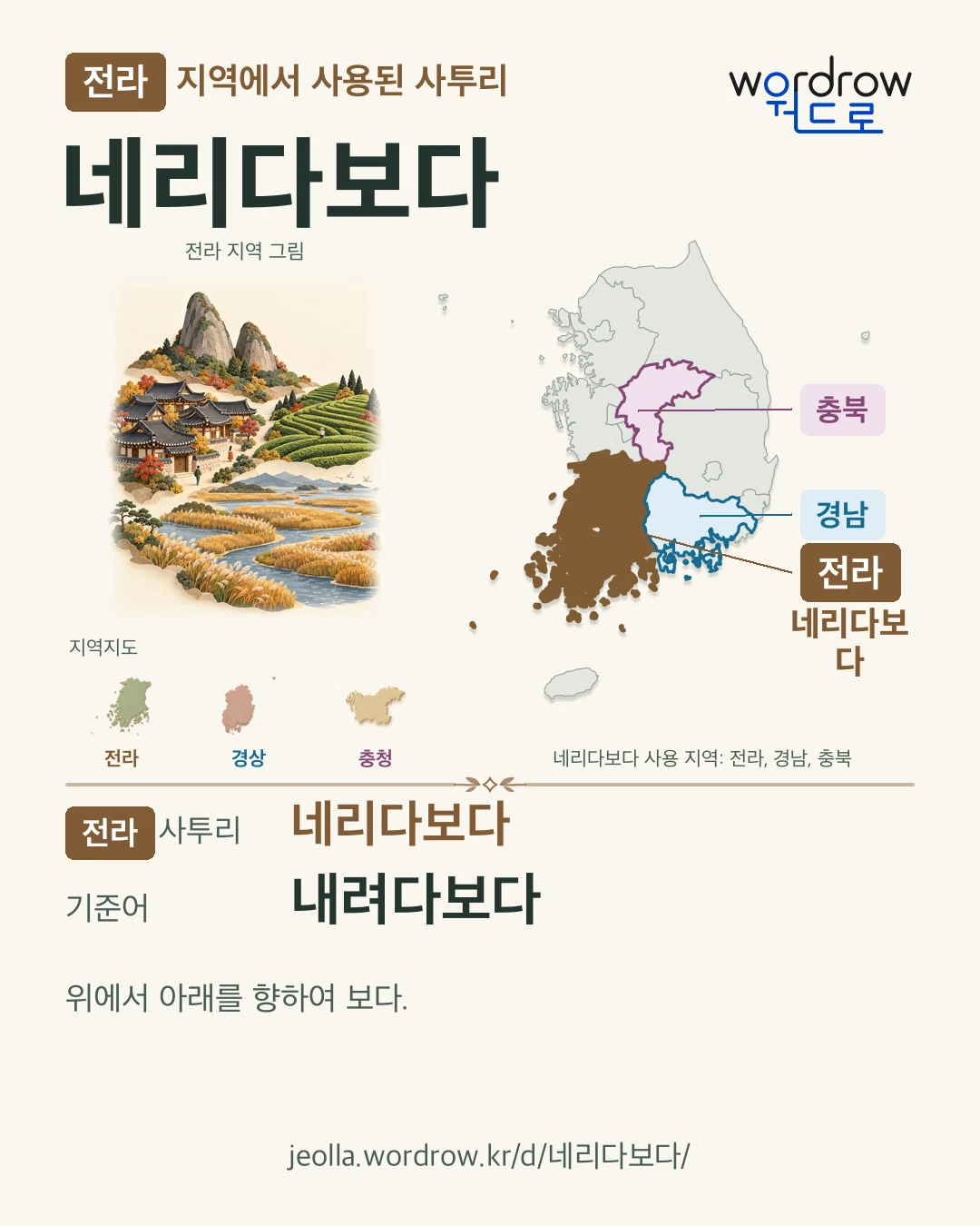 전라 지역에서 사용된 사투리 ‘네리다보다’. 기준어: 내려다보다. 기록 지역을 표시한 지역 그림과 지도 카드.