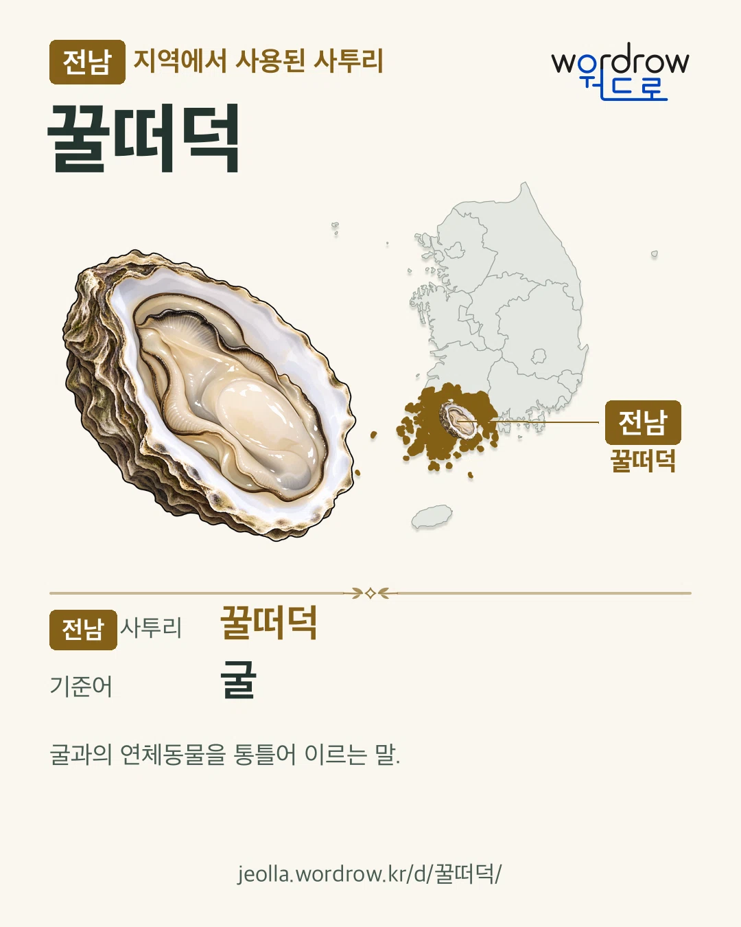 전남 지역에서 사용된 사투리 ‘꿀떠덕’. 기준어: 굴. 기록 지역을 표시한 카툰 삽화와 지도 카드.