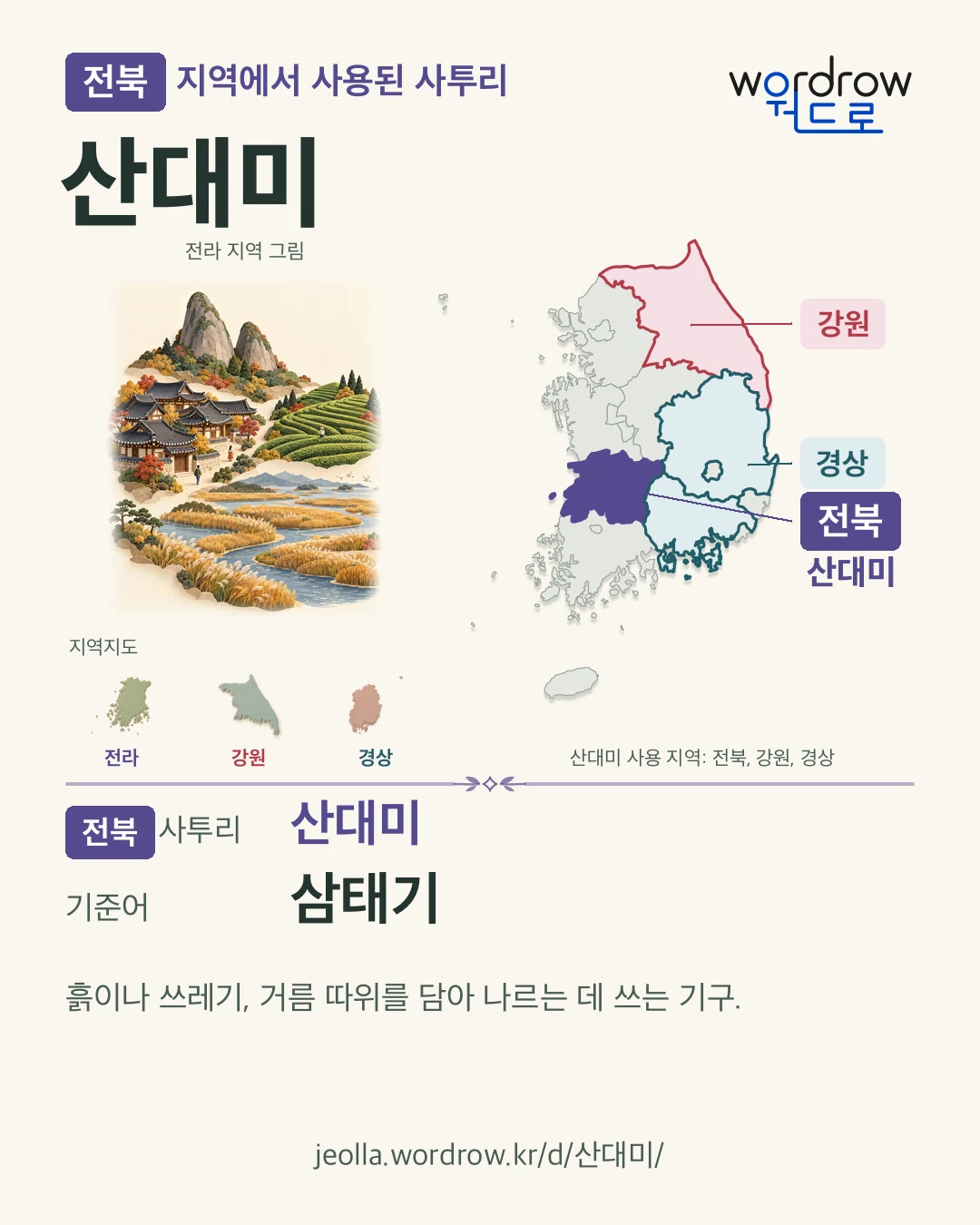 전북 지역에서 사용된 사투리 ‘산대미’. 기준어: 삼태기. 기록 지역을 표시한 지역 그림과 지도 카드.