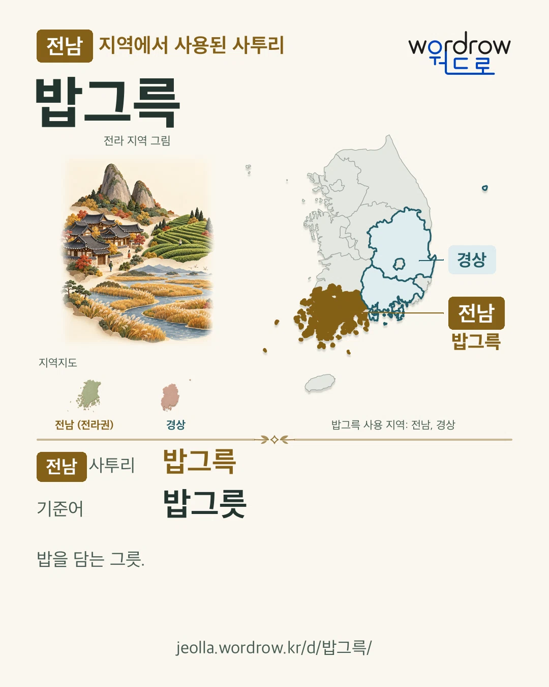 전남 지역에서 사용된 사투리 ‘밥그륵’. 기준어: 밥그릇. 기록 지역을 표시한 지역 그림과 지도 카드.