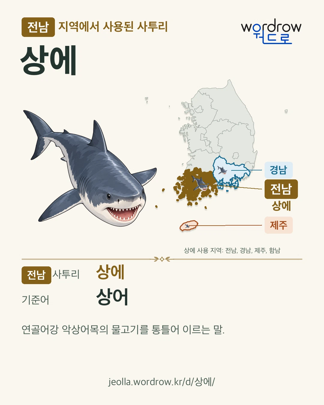 전남 지역에서 사용된 사투리 ‘상에’. 기준어: 상어. 기록 지역을 표시한 카툰 삽화와 지도 카드.