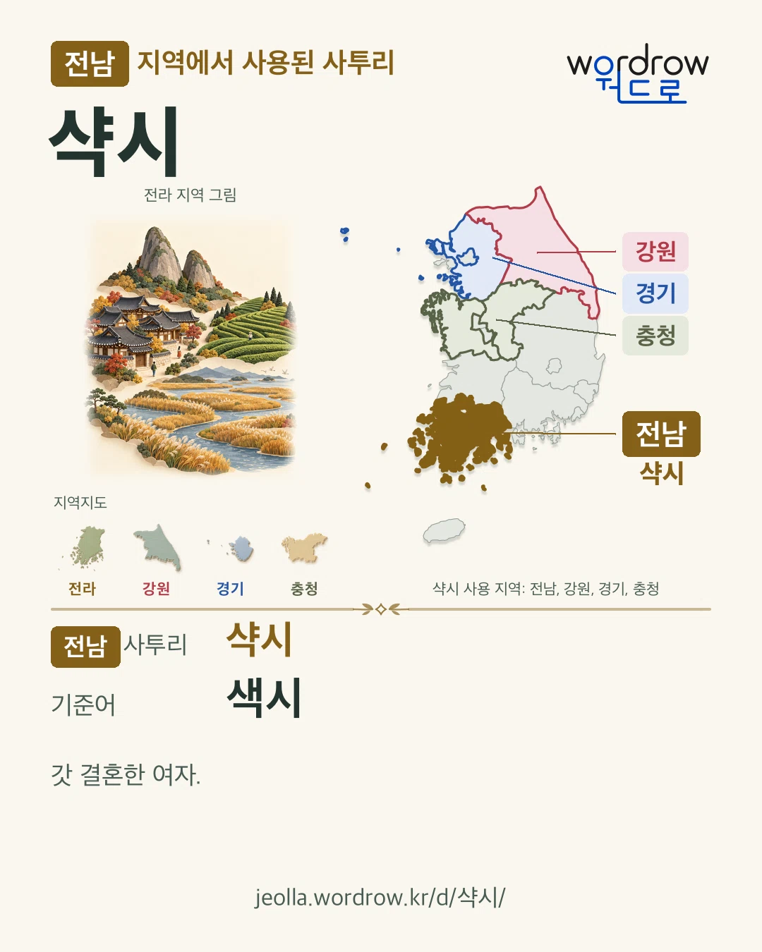 전남 지역에서 사용된 사투리 ‘샥시’. 기준어: 색시. 기록 지역을 표시한 지역 그림과 지도 카드.