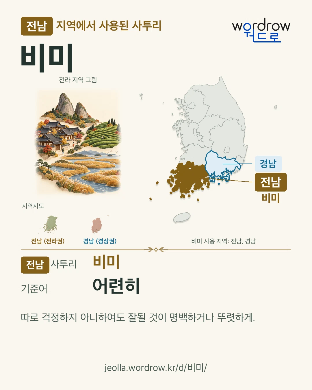 전남 지역에서 사용된 사투리 ‘비미’. 기준어: 어련히. 기록 지역을 표시한 지역 그림과 지도 카드.