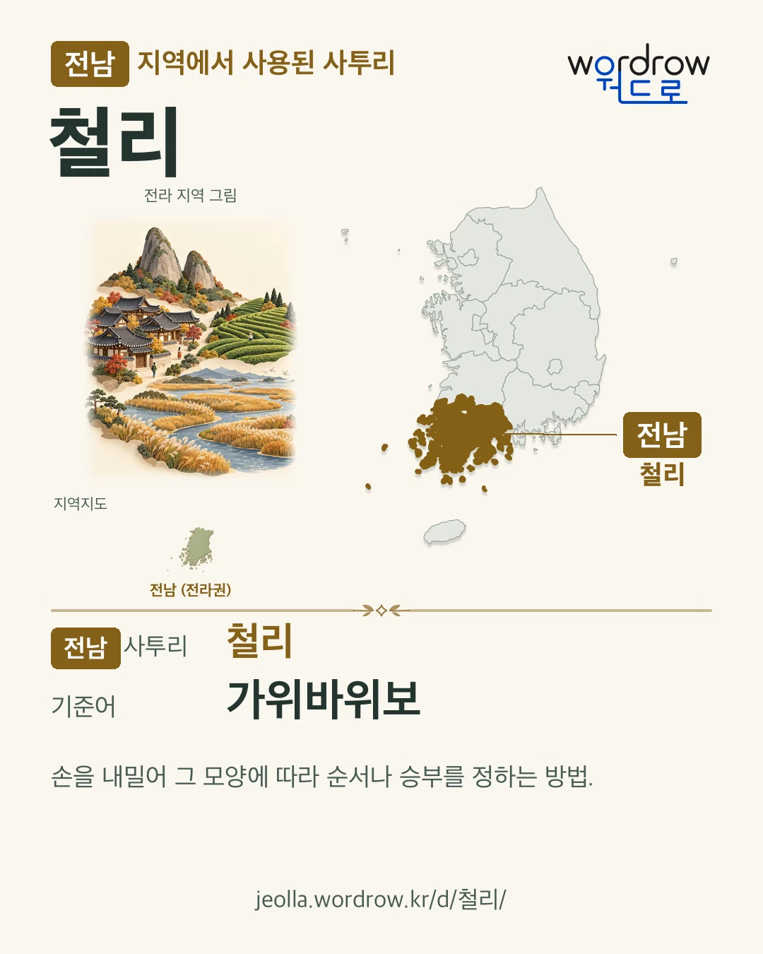 전남 지역에서 사용된 사투리 ‘철리’. 기준어: 가위바위보. 기록 지역을 표시한 지역 그림과 지도 카드.
