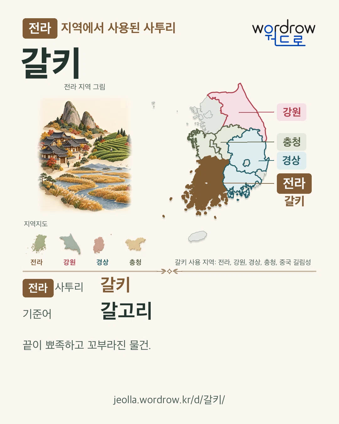 전라 지역에서 사용된 사투리 ‘갈키’. 기준어: 갈고리. 기록 지역을 표시한 지역 그림과 지도 카드.