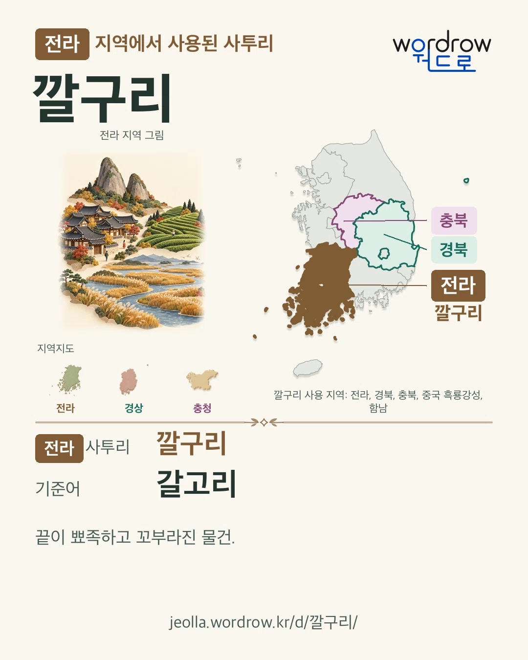 전라 지역에서 사용된 사투리 ‘깔구리’. 기준어: 갈고리. 기록 지역을 표시한 지역 그림과 지도 카드.