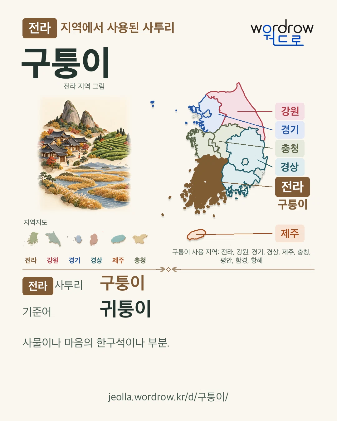 전라 지역에서 사용된 사투리 ‘구퉁이’. 기준어: 귀퉁이. 기록 지역을 표시한 지역 그림과 지도 카드.