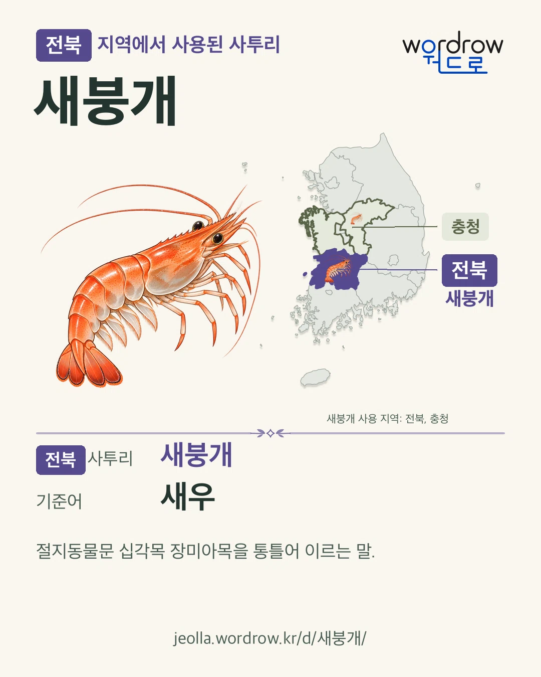 전북 지역에서 사용된 사투리 ‘새붕개’. 기준어: 새우. 기록 지역을 표시한 카툰 삽화와 지도 카드.