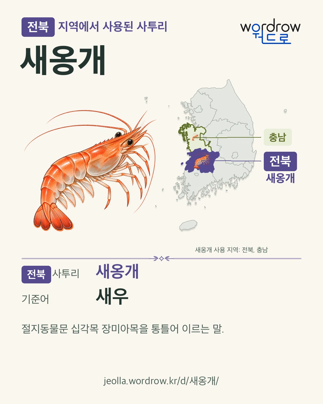 전북 지역에서 사용된 사투리 ‘새옹개’. 기준어: 새우. 기록 지역을 표시한 카툰 삽화와 지도 카드.