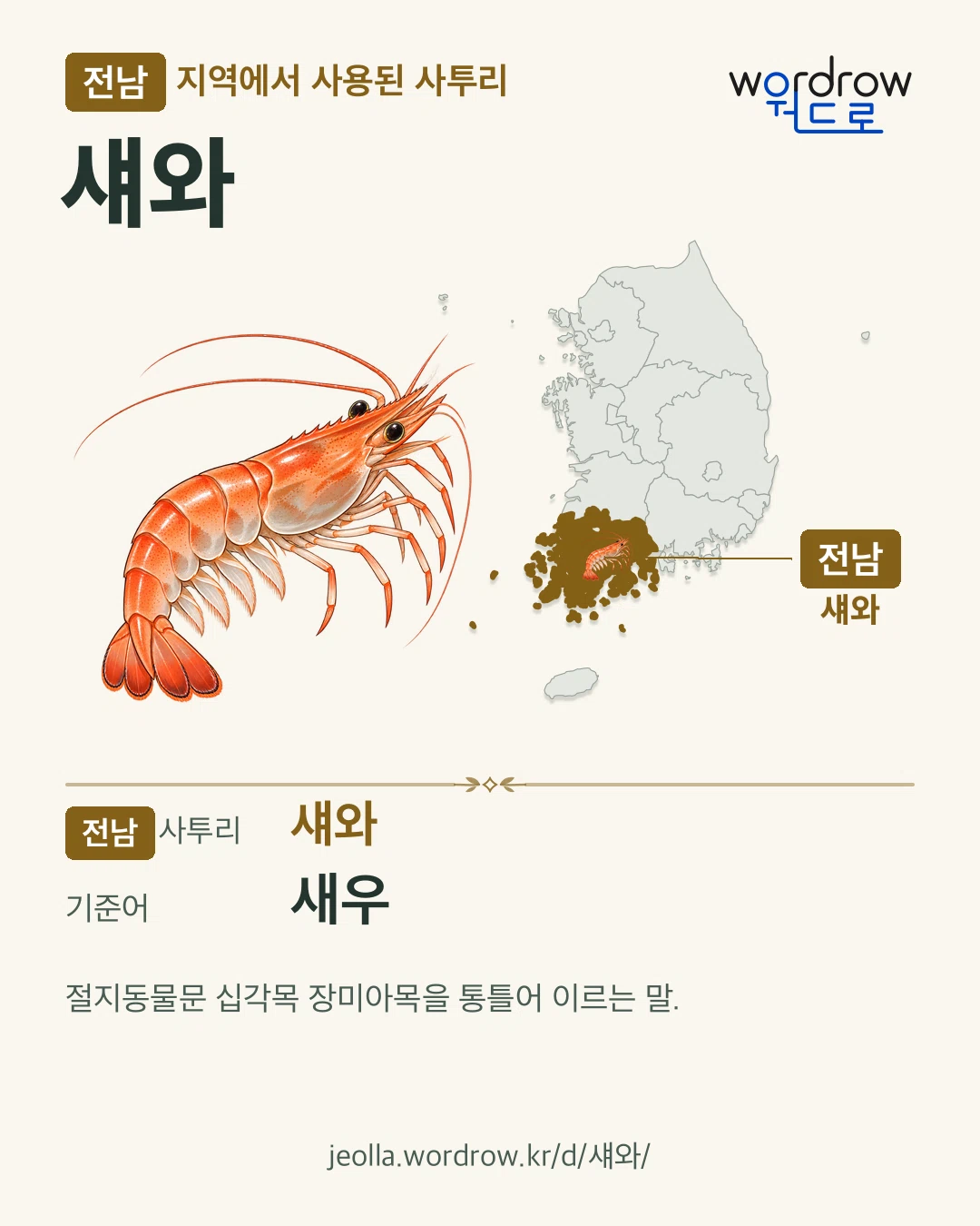 전남 지역에서 사용된 사투리 ‘섀와’. 기준어: 새우. 기록 지역을 표시한 카툰 삽화와 지도 카드.