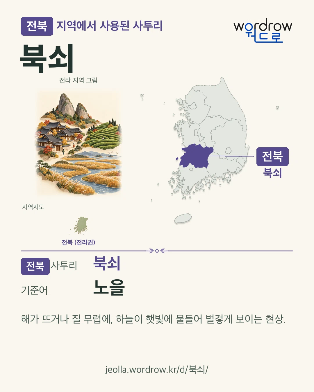 전북 지역에서 사용된 사투리 ‘북쇠’. 기준어: 노을. 기록 지역을 표시한 지역 그림과 지도 카드.