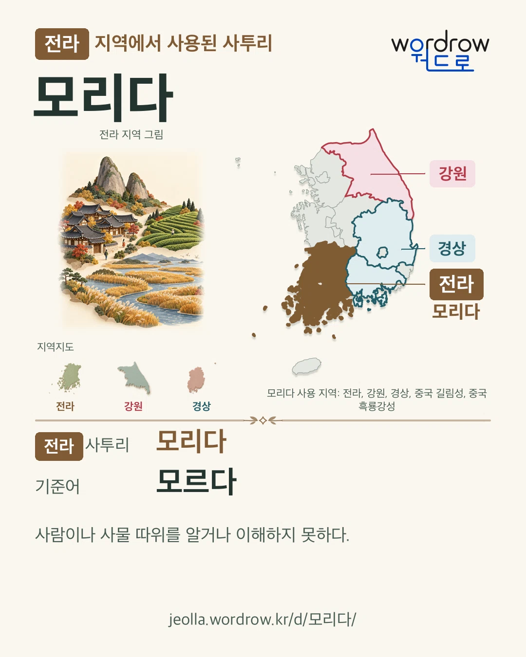 전라 지역에서 사용된 사투리 ‘모리다’. 기준어: 모르다. 기록 지역을 표시한 지역 그림과 지도 카드.