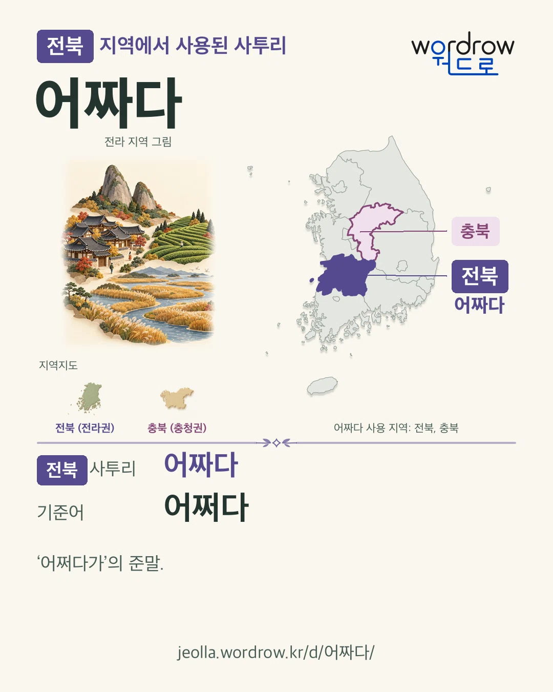 전북 지역에서 사용된 사투리 ‘어짜다’. 기준어: 어쩌다. 기록 지역을 표시한 지역 그림과 지도 카드.