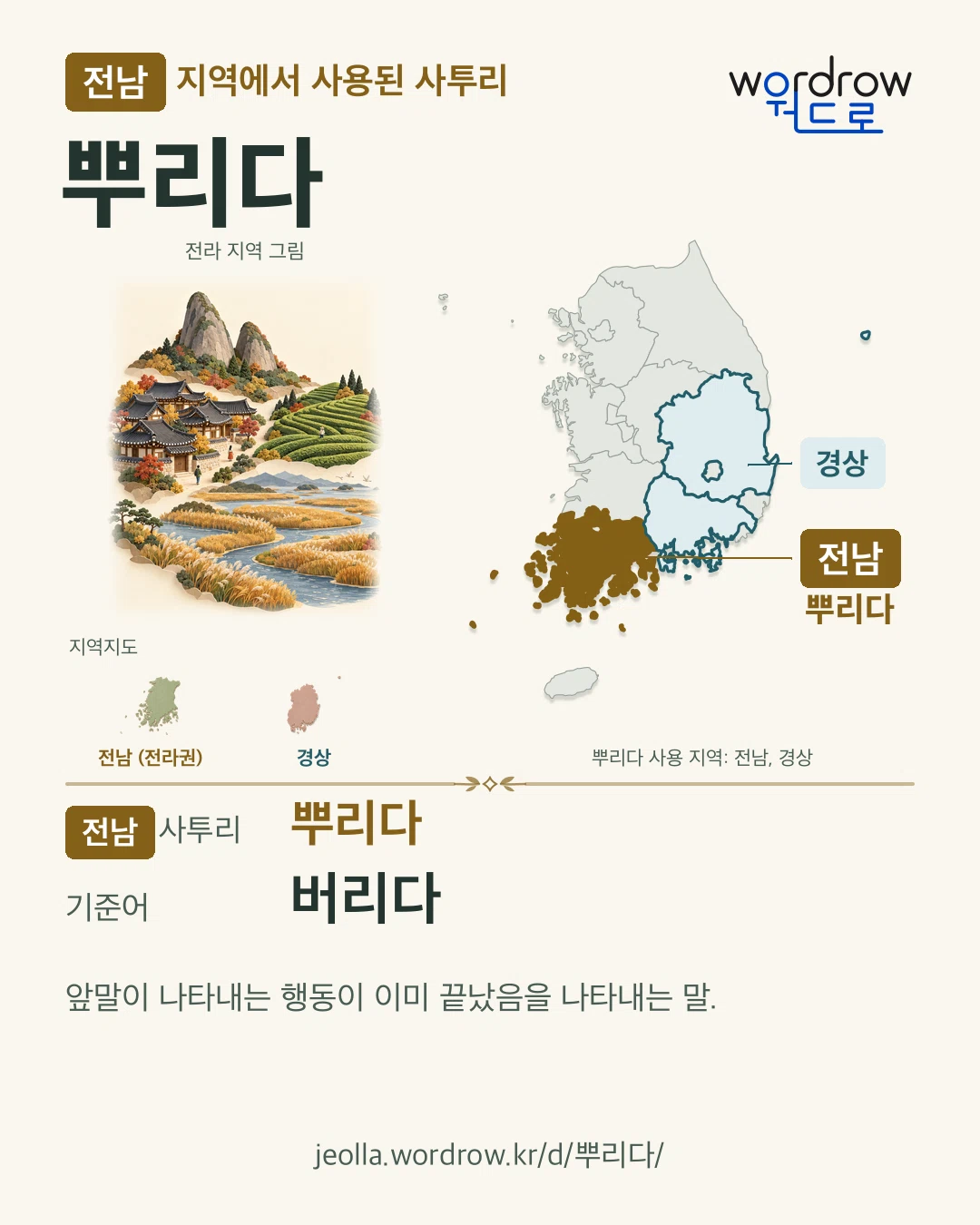 전남 지역에서 사용된 사투리 ‘뿌리다’. 기준어: 버리다. 기록 지역을 표시한 지역 그림과 지도 카드.