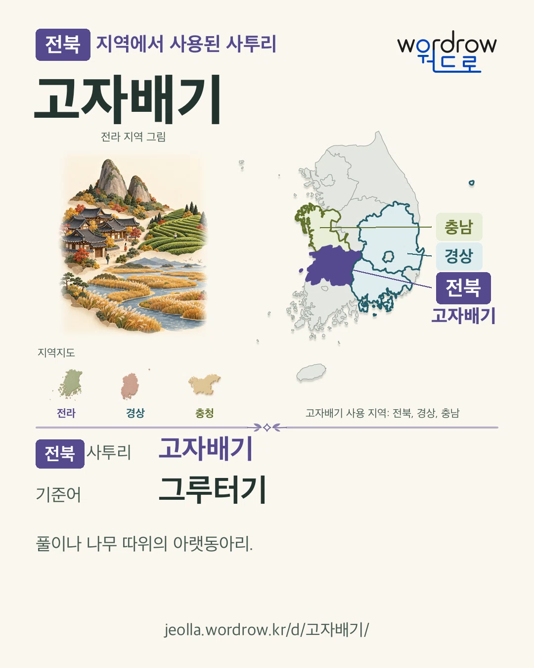 전북 지역에서 사용된 사투리 ‘고자배기’. 기준어: 그루터기. 기록 지역을 표시한 지역 그림과 지도 카드.