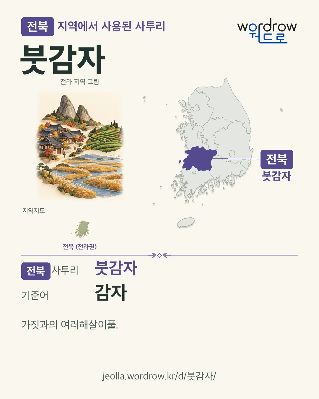 전북 지역에서 사용된 사투리 ‘붓감자’. 기준어: 감자. 기록 지역을 표시한 지역 그림과 지도 카드.