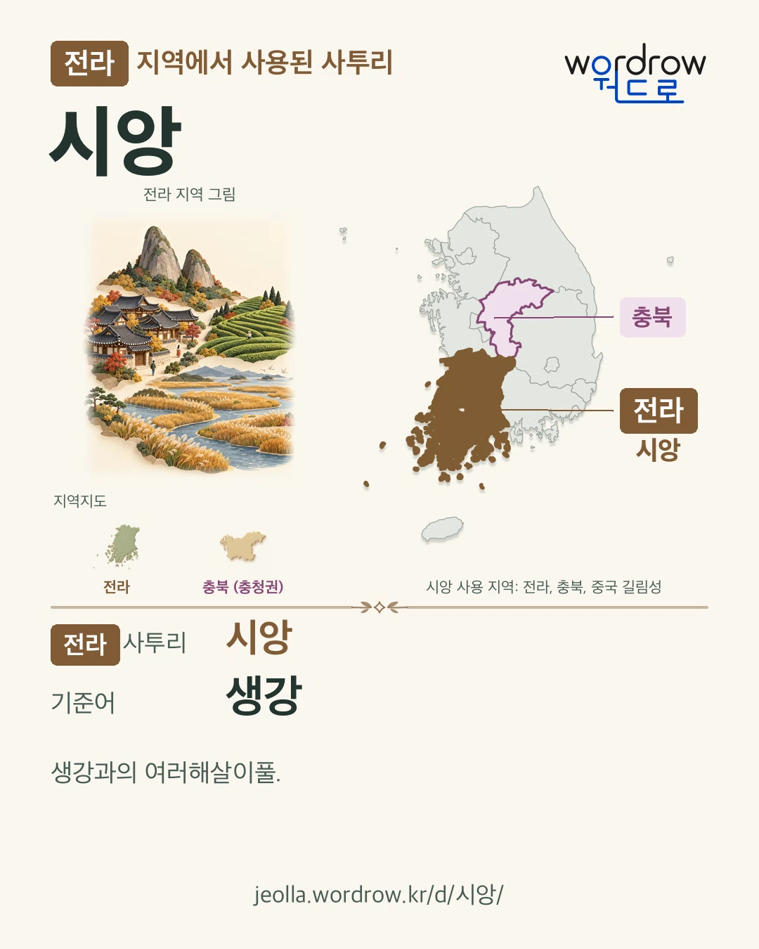전라 지역에서 사용된 사투리 ‘시앙’. 기준어: 생강. 기록 지역을 표시한 지역 그림과 지도 카드.