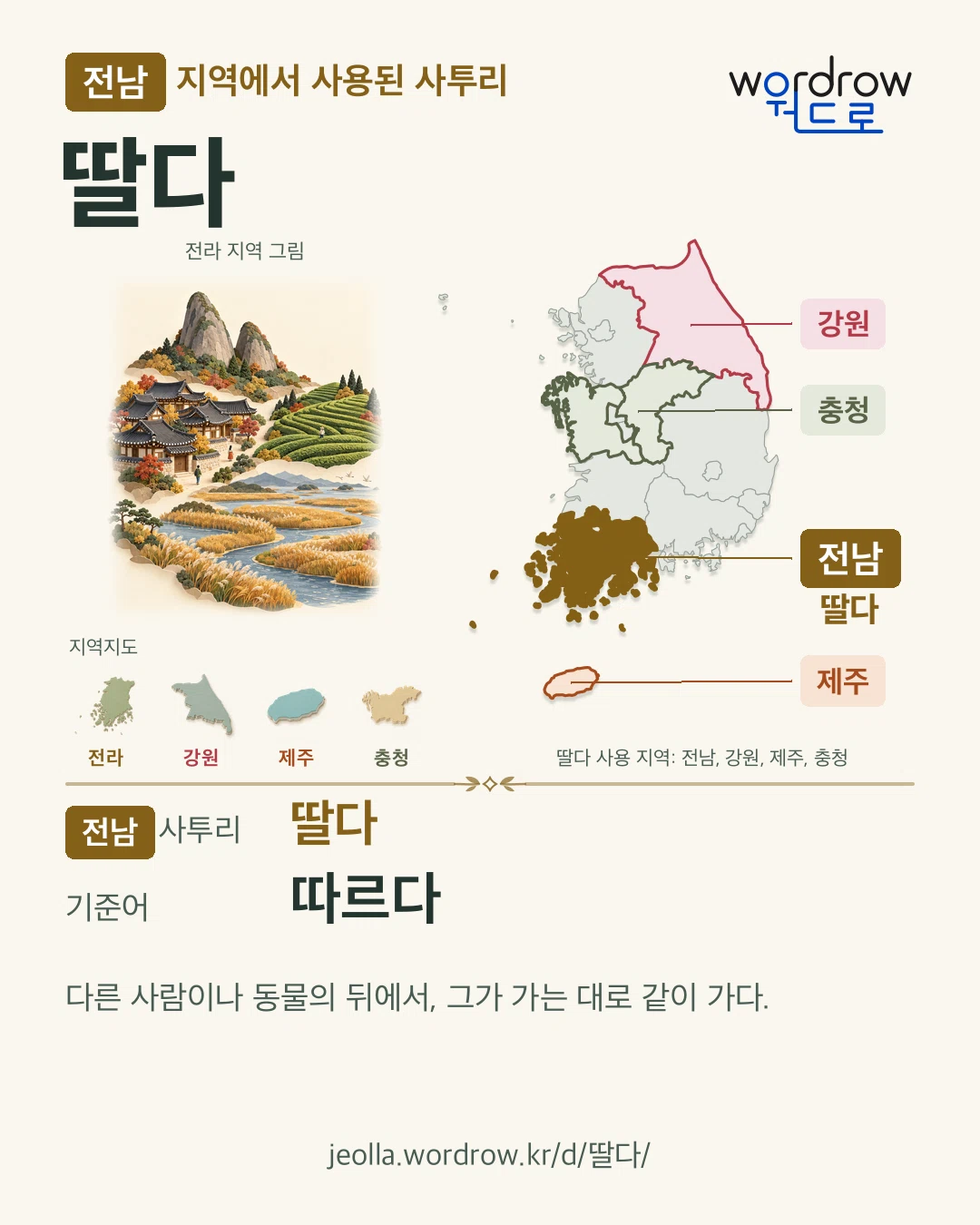 전남 지역에서 사용된 사투리 ‘딸다’. 기준어: 따르다. 기록 지역을 표시한 지역 그림과 지도 카드.