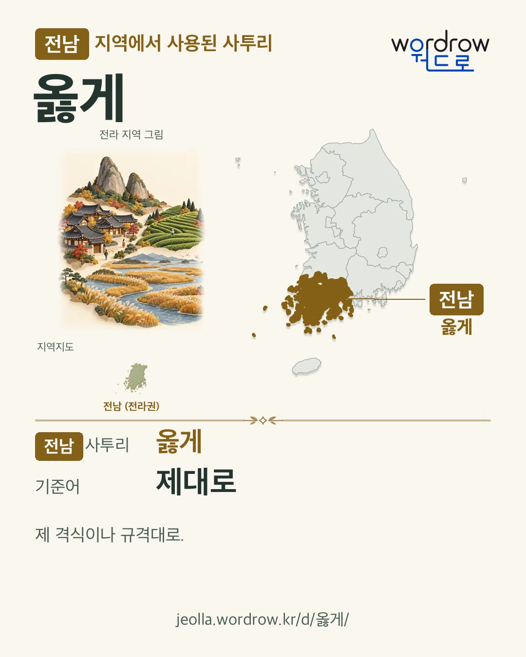 전남 지역에서 사용된 사투리 ‘옳게’. 기준어: 제대로. 기록 지역을 표시한 지역 그림과 지도 카드.