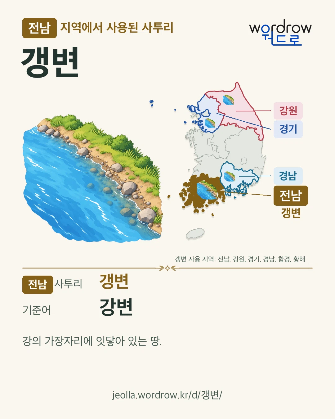 전남 지역에서 사용된 사투리 ‘갱변’. 기준어: 강변. 기록 지역을 표시한 카툰 삽화와 지도 카드.