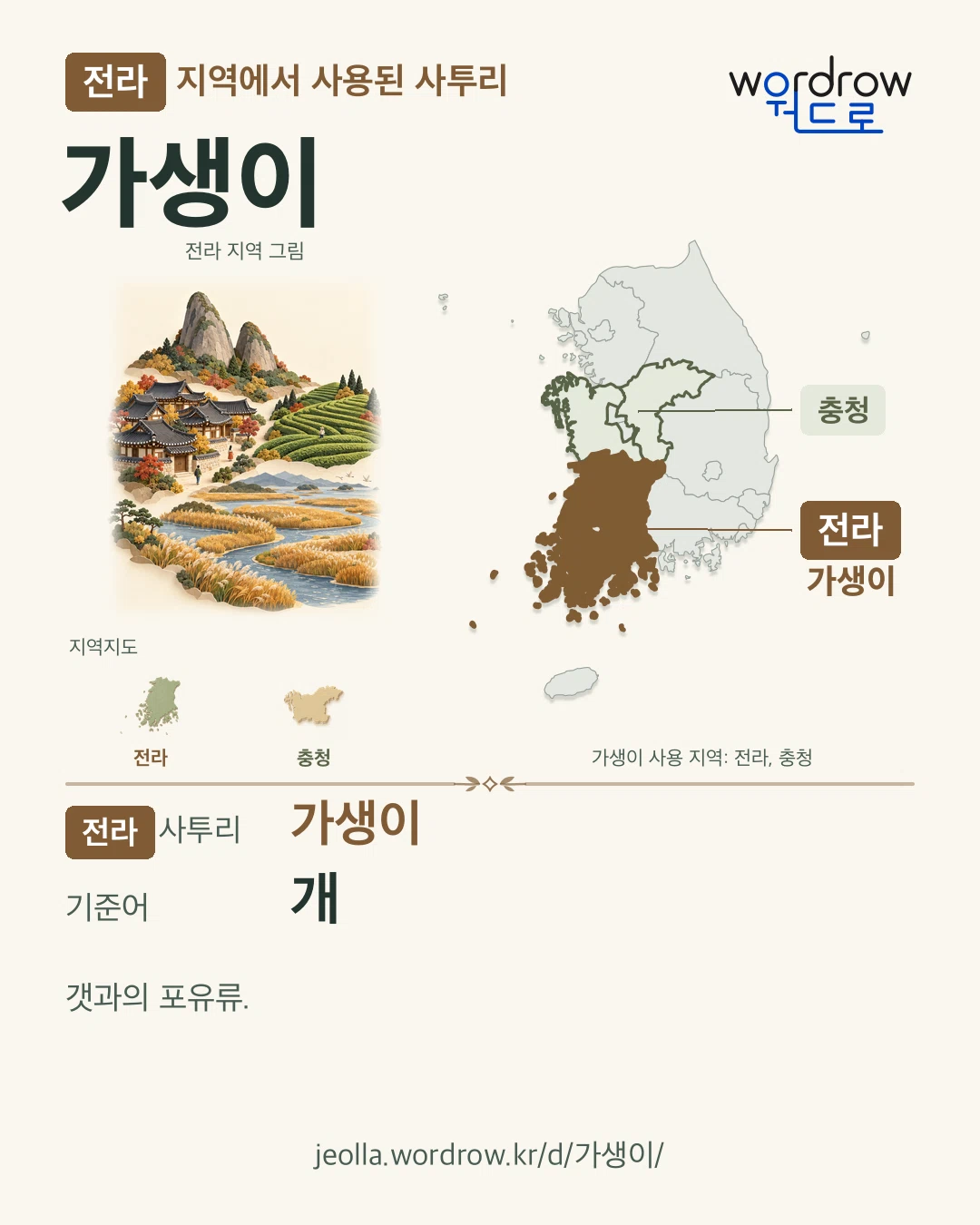 전라 지역에서 사용된 사투리 ‘가생이’. 기준어: 개. 기록 지역을 표시한 지역 그림과 지도 카드.