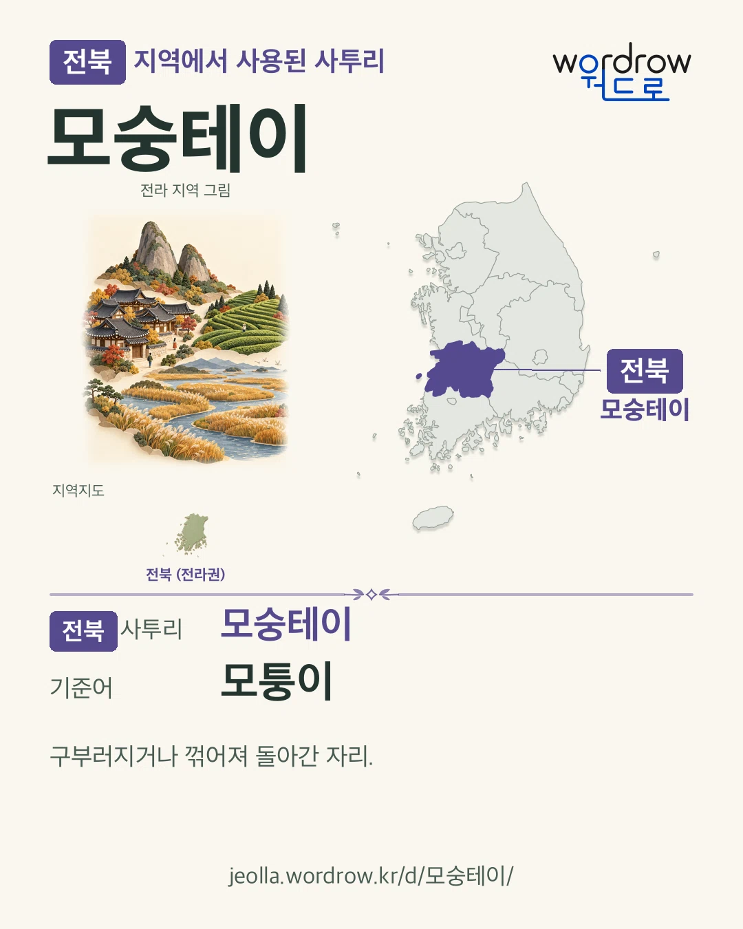 전북 지역에서 사용된 사투리 ‘모숭테이’. 기준어: 모퉁이. 기록 지역을 표시한 지역 그림과 지도 카드.