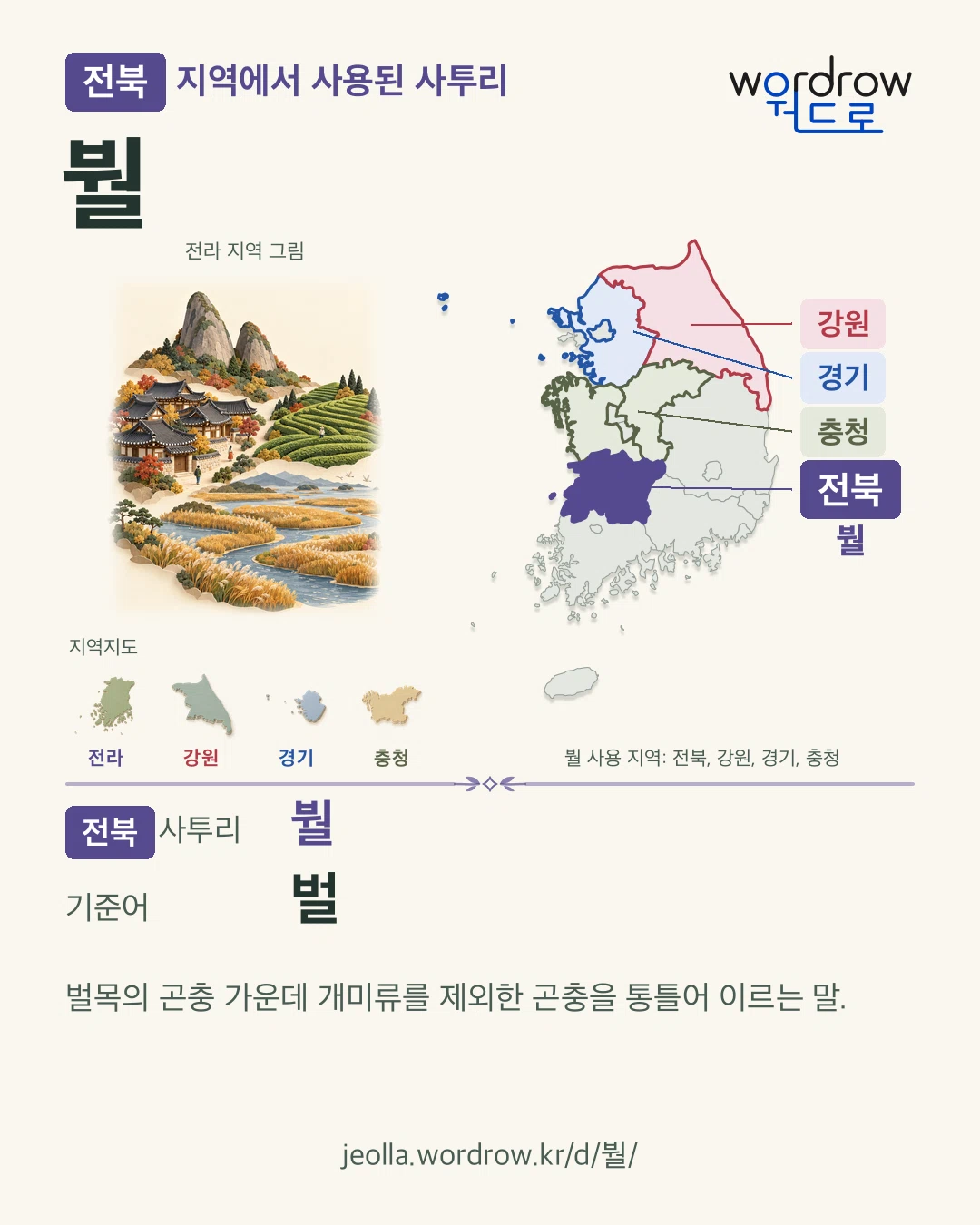 전북 지역에서 사용된 사투리 ‘붤’. 기준어: 벌. 기록 지역을 표시한 지역 그림과 지도 카드.