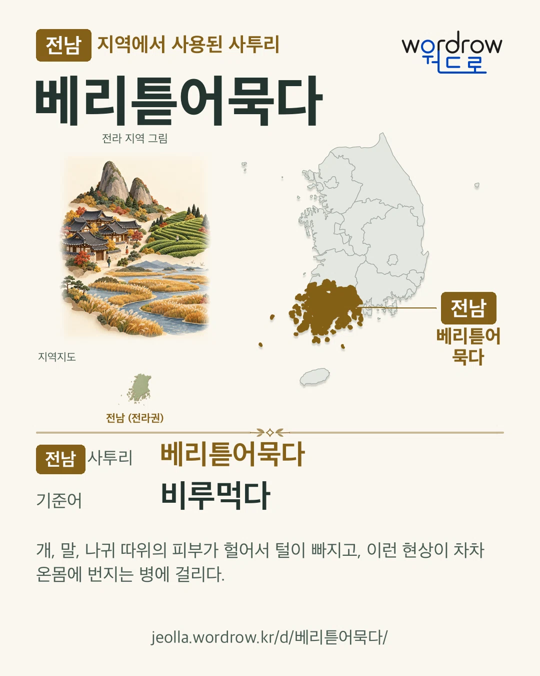 전남 지역에서 사용된 사투리 ‘베리튿어묵다’. 기준어: 비루먹다. 기록 지역을 표시한 지역 그림과 지도 카드.