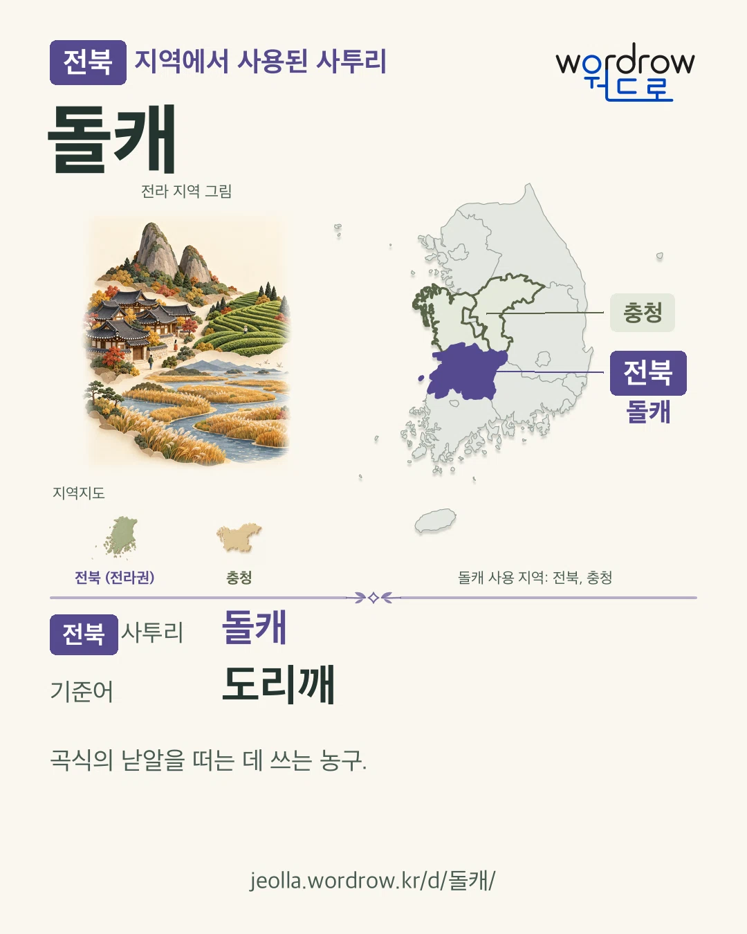 전북 지역에서 사용된 사투리 ‘돌캐’. 기준어: 도리깨. 기록 지역을 표시한 지역 그림과 지도 카드.