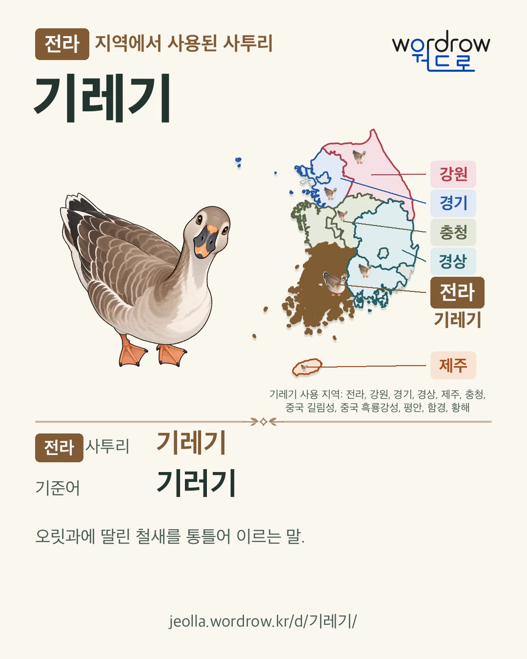 전라 지역에서 사용된 사투리 ‘기레기’. 기준어: 기러기. 기록 지역을 표시한 카툰 삽화와 지도 카드.
