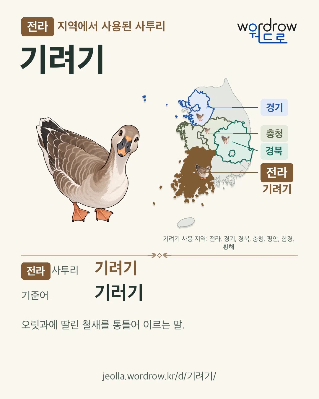 전라 지역에서 사용된 사투리 ‘기려기’. 기준어: 기러기. 기록 지역을 표시한 카툰 삽화와 지도 카드.