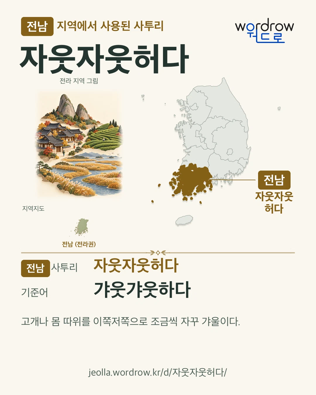 전남 지역에서 사용된 사투리 ‘자웃자웃허다’. 기준어: 갸웃갸웃하다. 기록 지역을 표시한 지역 그림과 지도 카드.