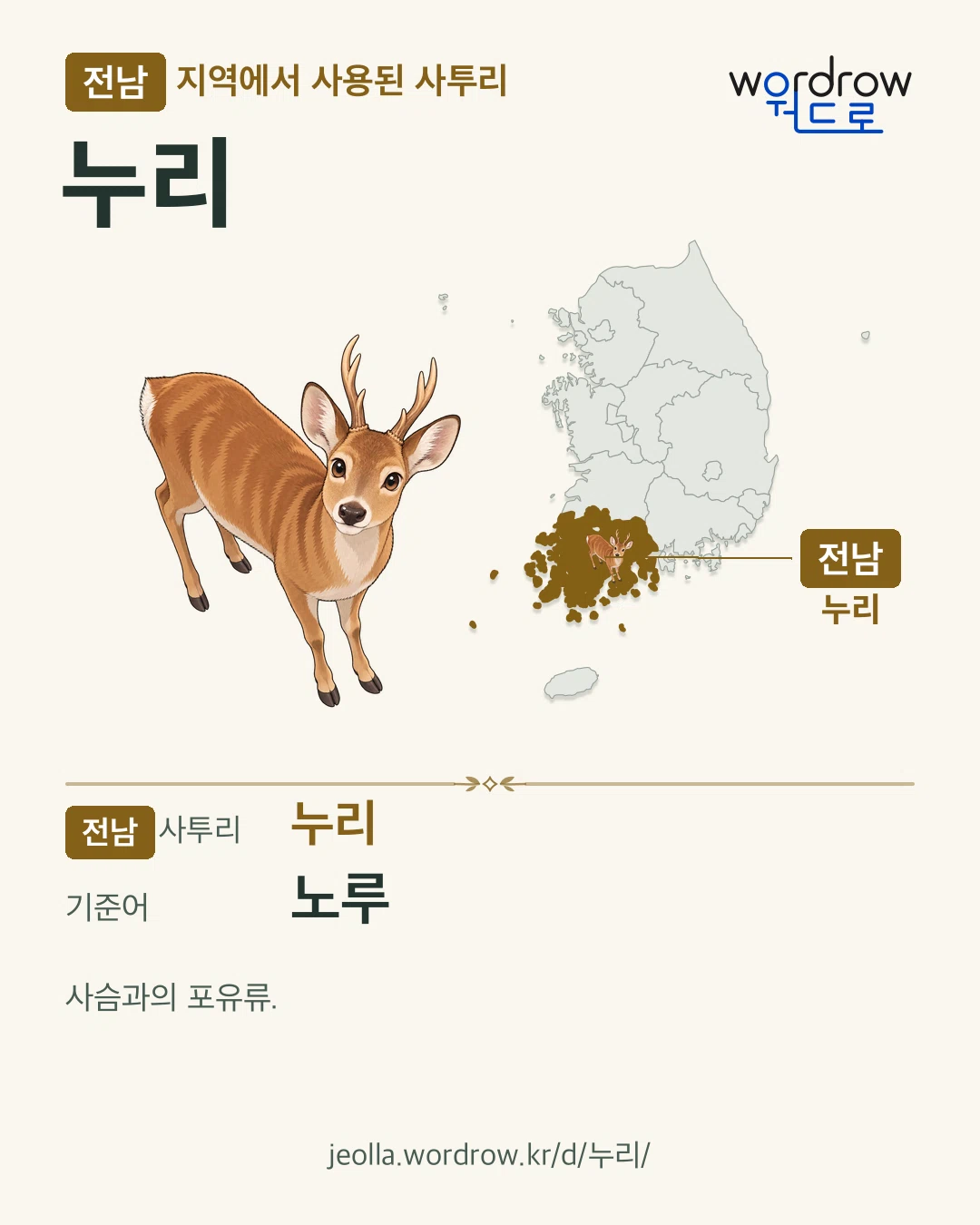전남 지역에서 사용된 사투리 ‘누리’. 기준어: 노루. 기록 지역을 표시한 카툰 삽화와 지도 카드.