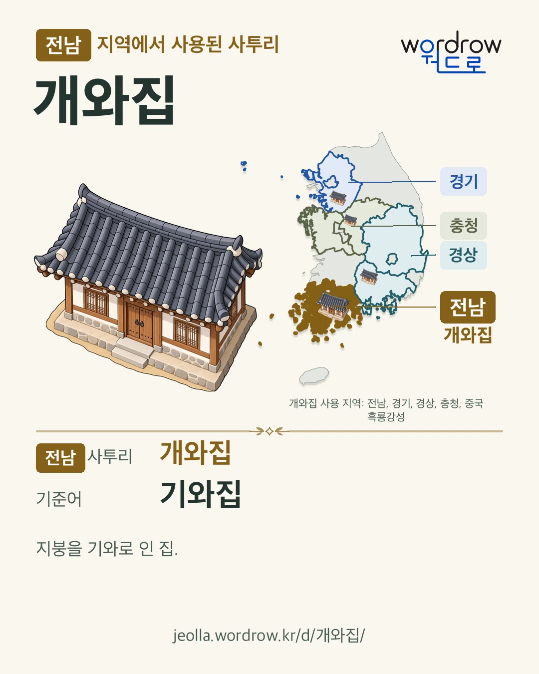전남 지역에서 사용된 사투리 ‘개와집’. 기준어: 기와집. 기록 지역을 표시한 카툰 삽화와 지도 카드.