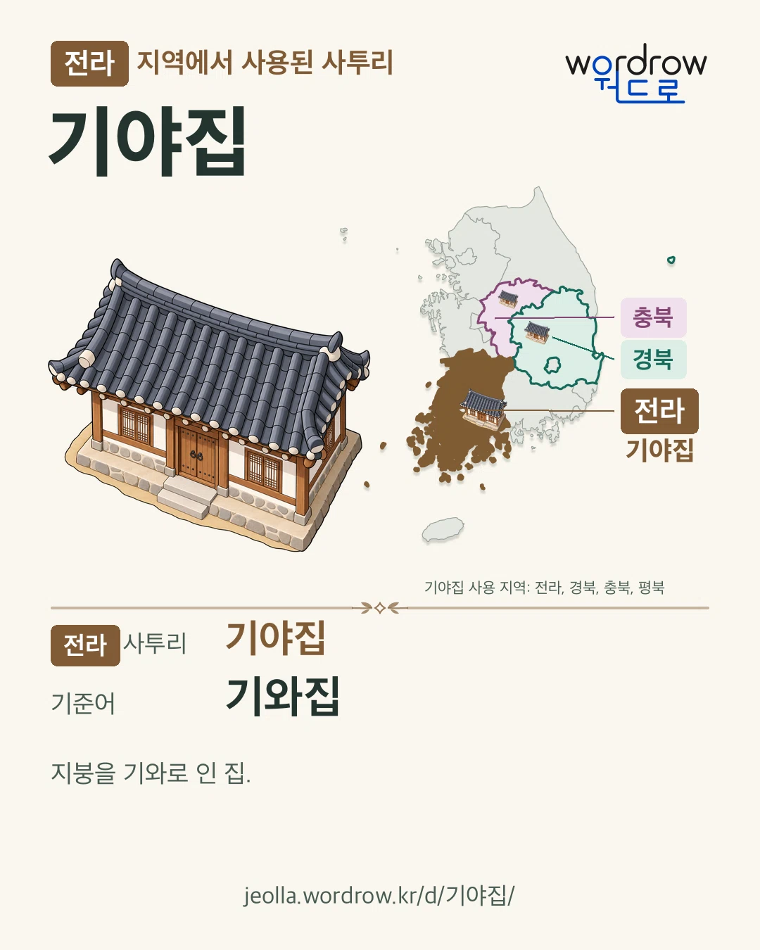 전라 지역에서 사용된 사투리 ‘기야집’. 기준어: 기와집. 기록 지역을 표시한 카툰 삽화와 지도 카드.
