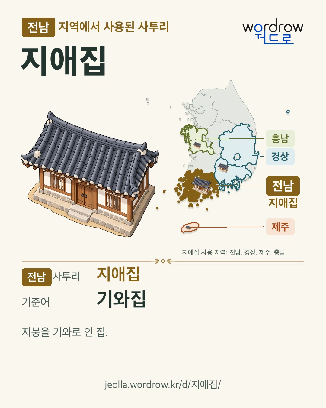전남 지역에서 사용된 사투리 ‘지애집’. 기준어: 기와집. 기록 지역을 표시한 카툰 삽화와 지도 카드.