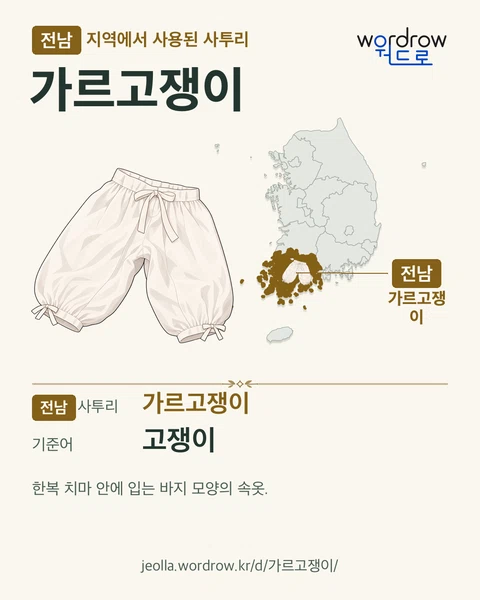 전남 지역에서 사용된 사투리 ‘가르고쟁이’. 기준어: 고쟁이. 기록 지역을 표시한 카툰 삽화와 지도 카드.