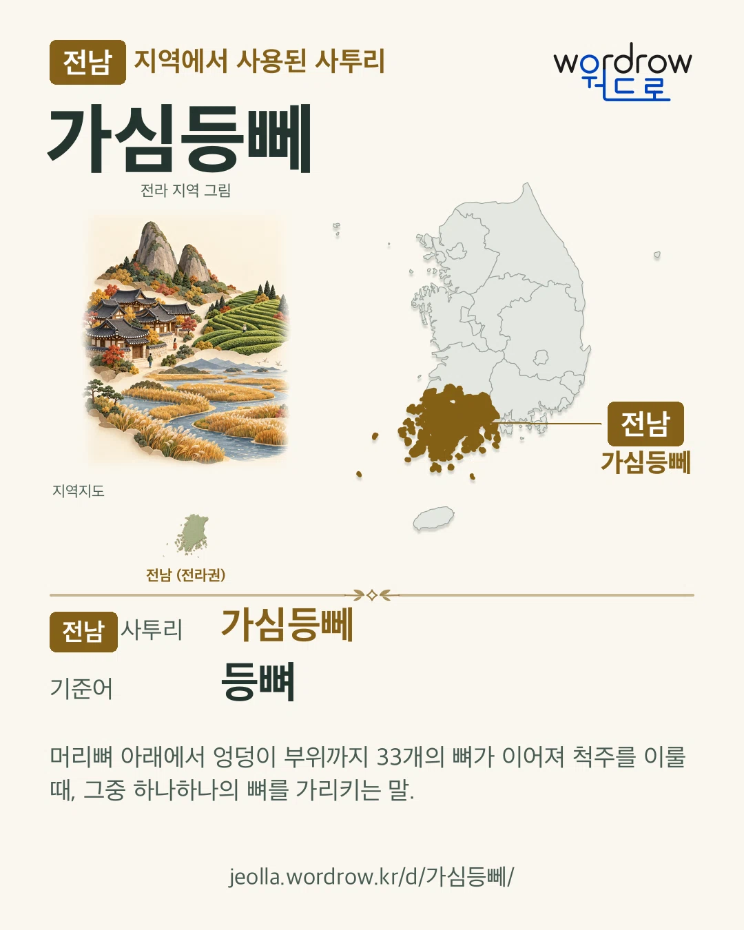 전남 지역에서 사용된 사투리 ‘가심등뻬’. 기준어: 등뼈. 기록 지역을 표시한 지역 그림과 지도 카드.